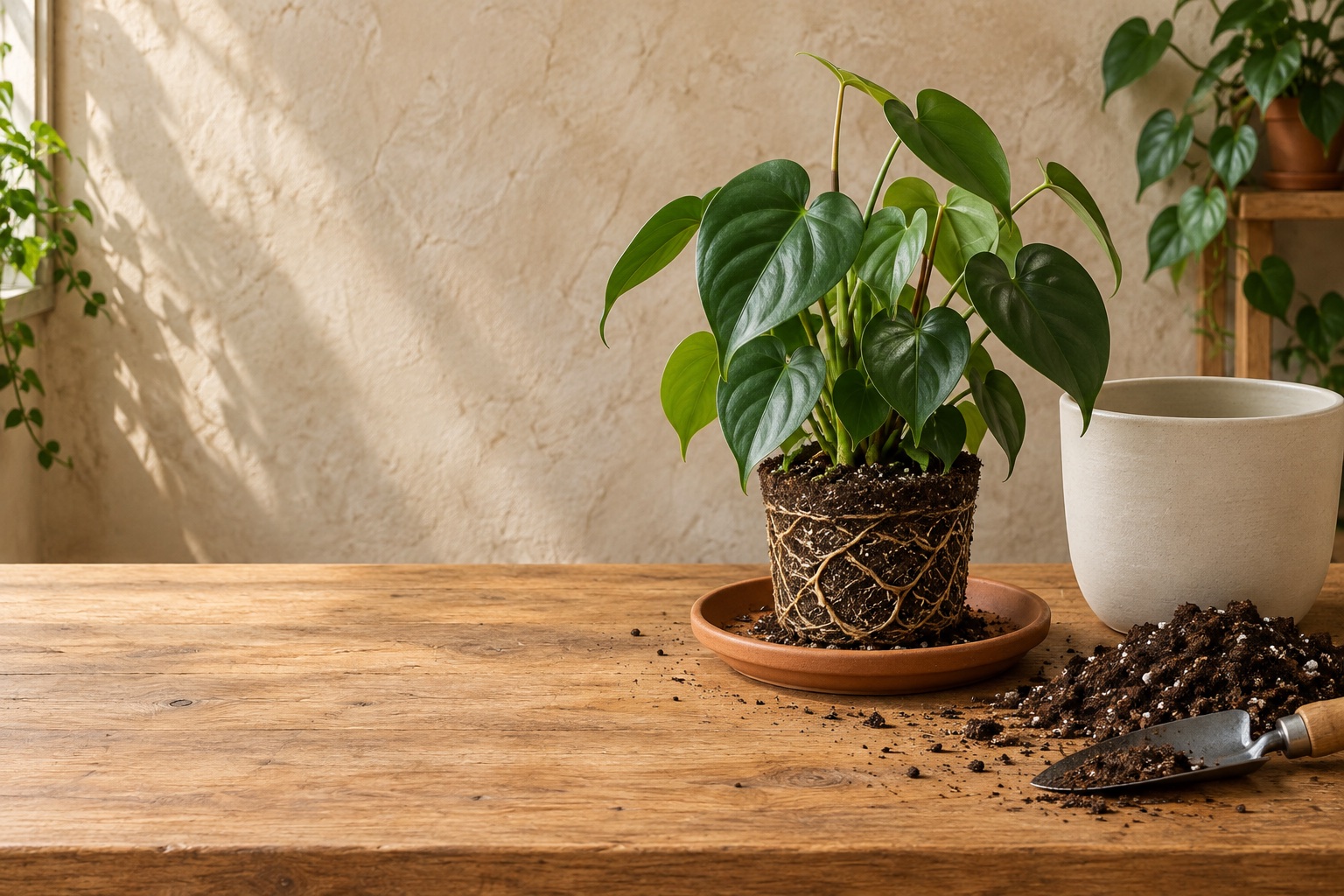 Philodendron root ball on a terracotta tray beside an empty ceramic pot, fresh potting mix and a garden trowel.