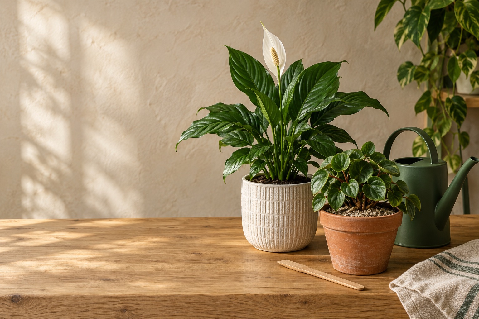 Peace lily and peperomia beside a soil-checking stick and watering can, illustrating checking plants before feeding.