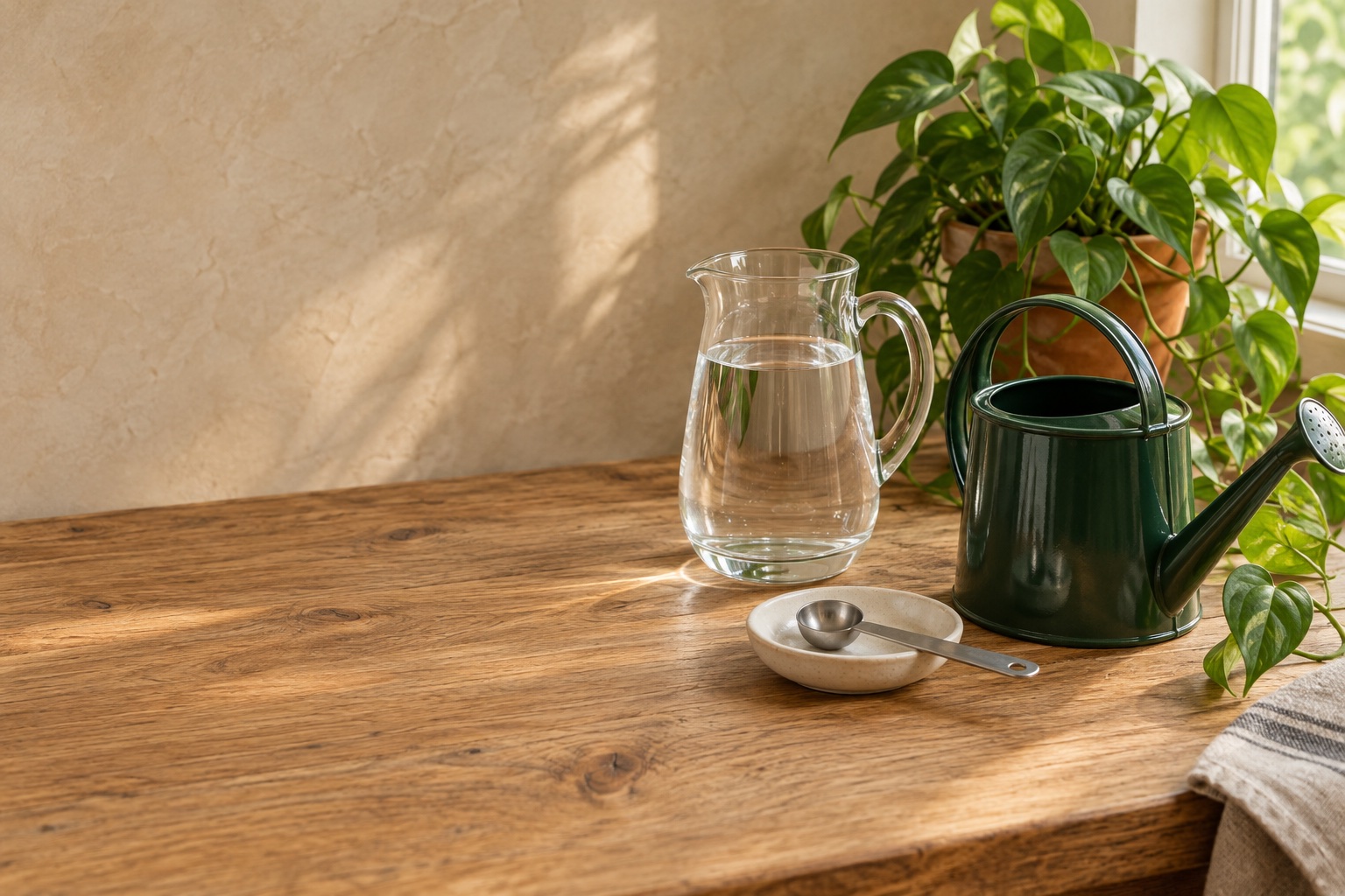 Empty measuring spoon beside clear water and an open watering can, with a philodendron in the background.