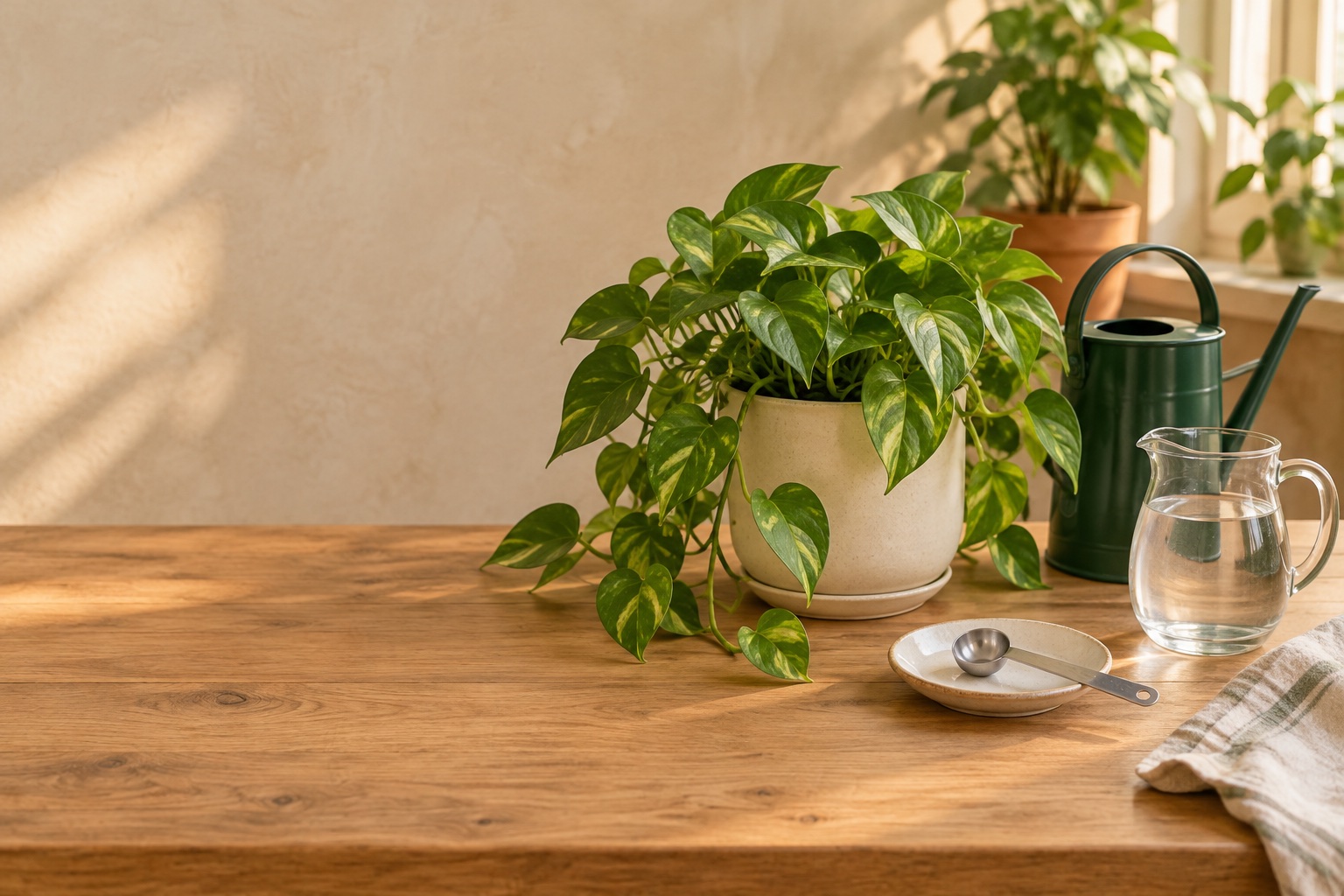 Pothos beside a watering can, water pitcher and measuring spoon for a measured plant-feeding routine.