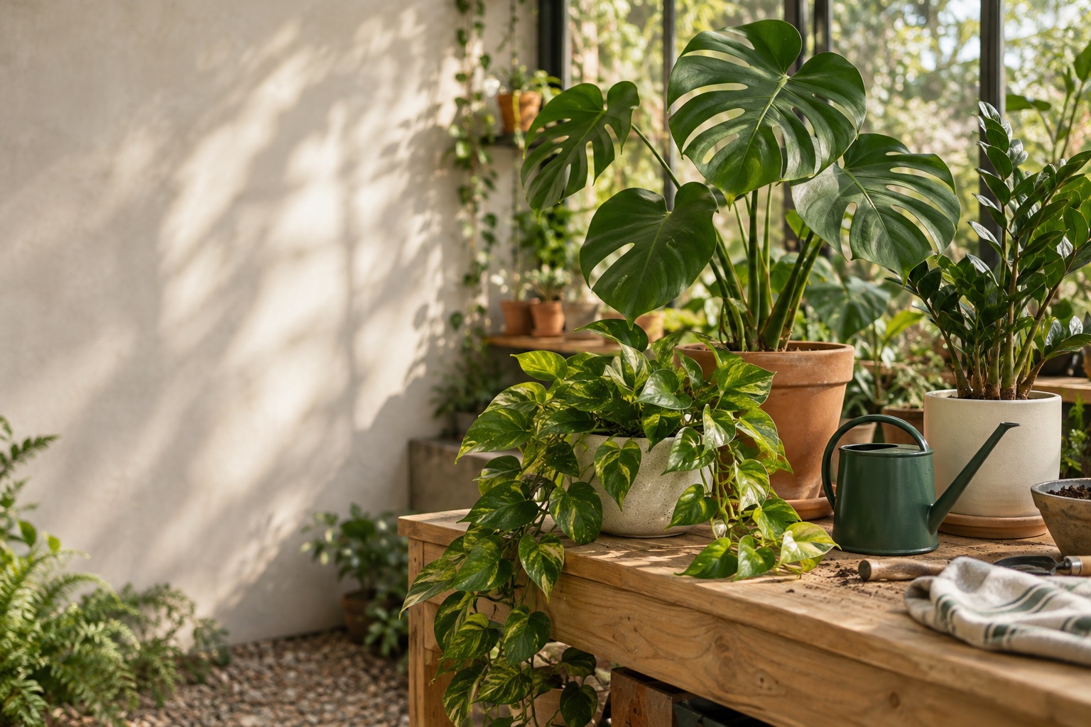 Monstera, pothos and other indoor plants beside a green watering can on an oak potting table.