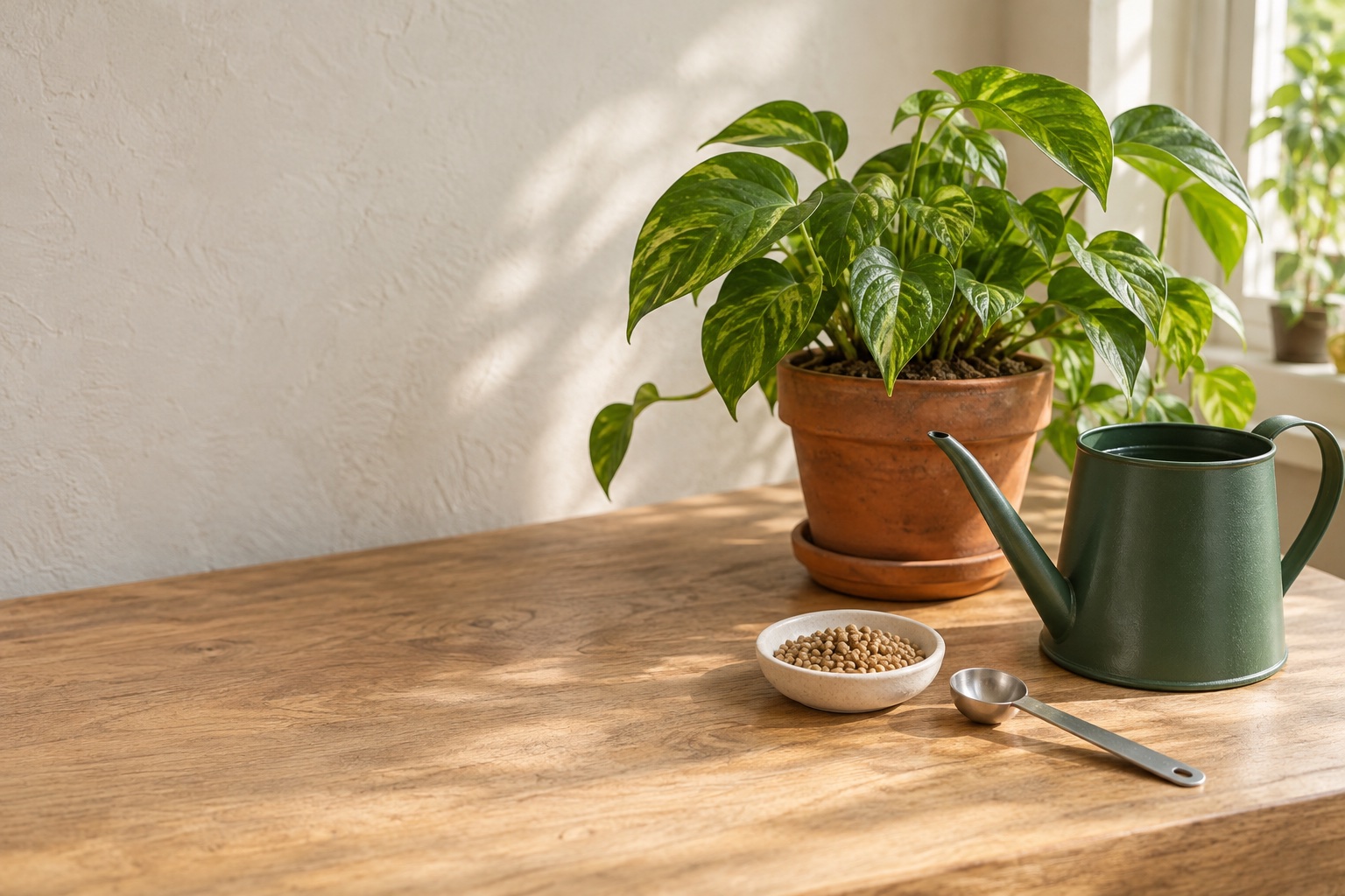 A green watering can, measuring spoon and dish of slow-release pellets beside a potted plant.