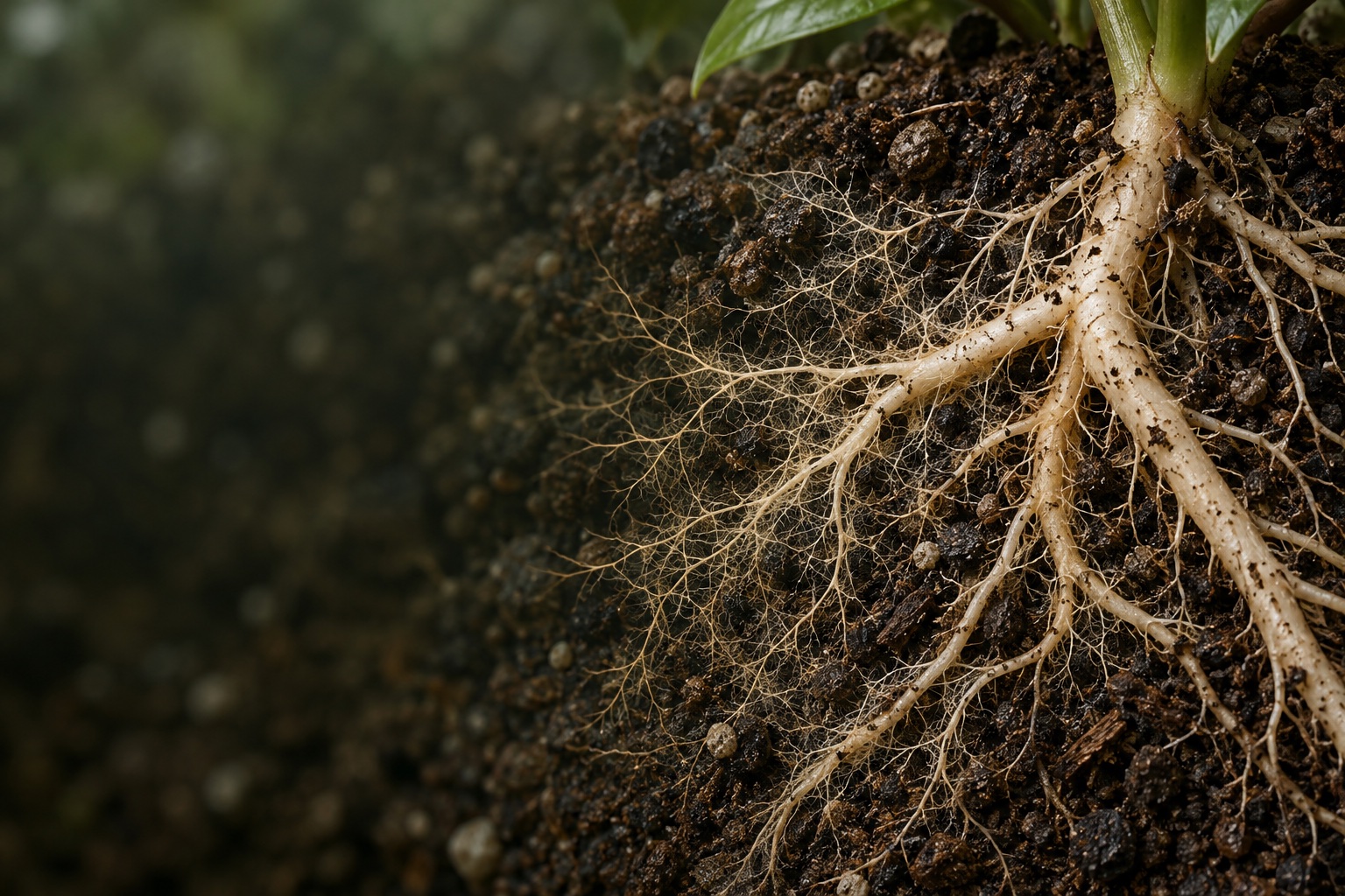 Illustration of fine fungal threads extending from a houseplant root into surrounding soil.