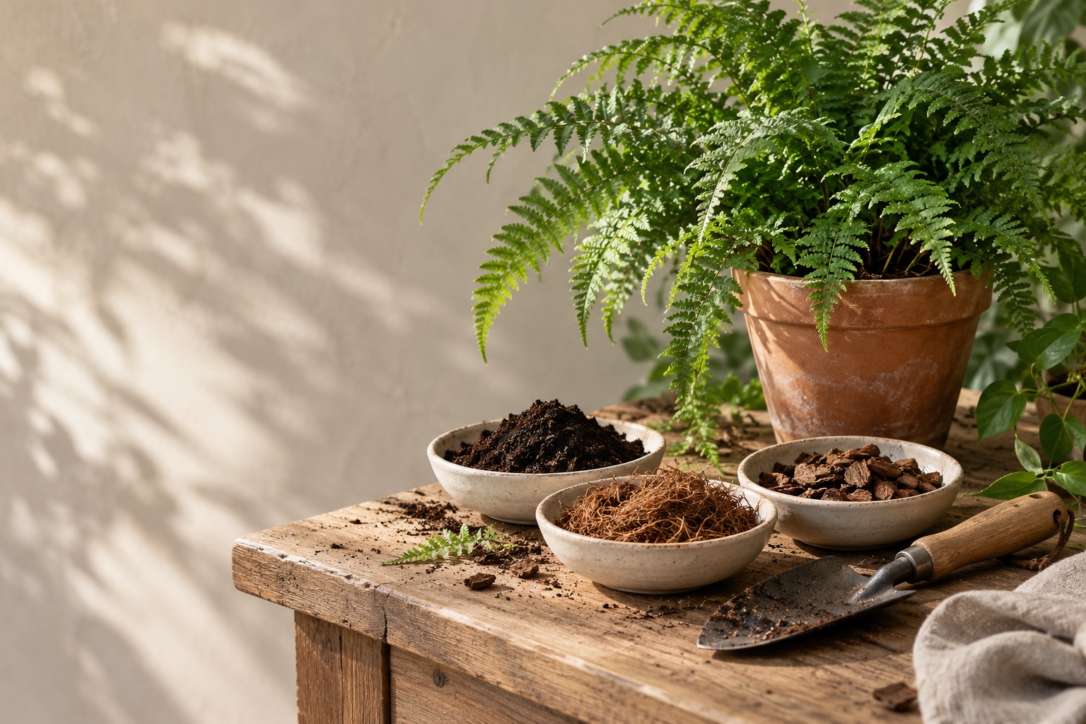 A potted fern with dishes of compost, coconut coir and bark beside a hand trowel.