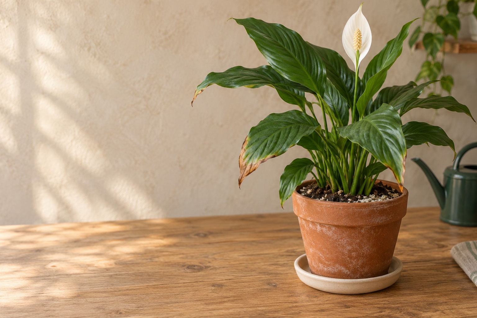 Peace lily with brown leaf tips and a light mineral crust near the soil edge in a terracotta pot.