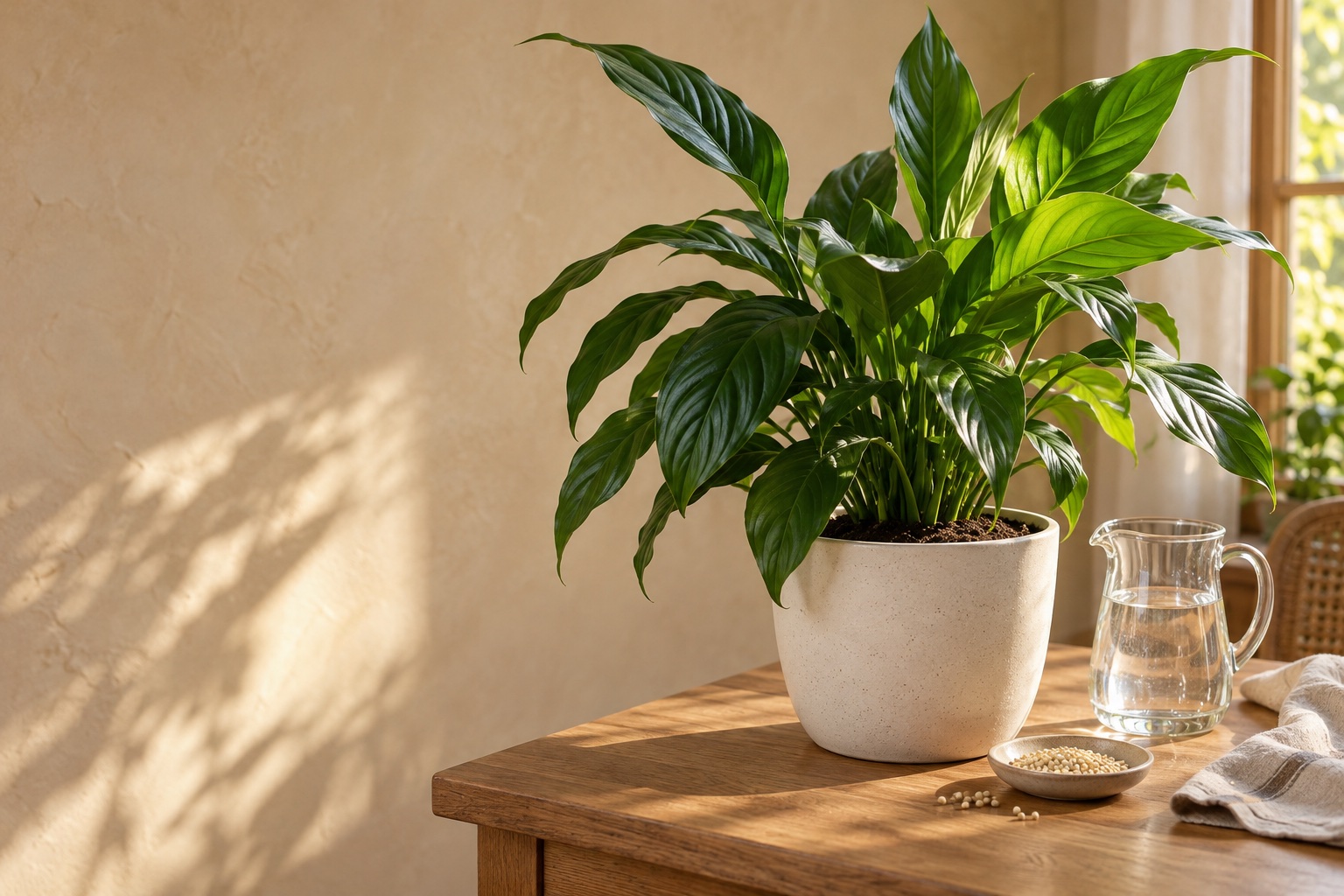 A leafy houseplant beside a dish of fertilizer granules and a clear water pitcher on an oak table.