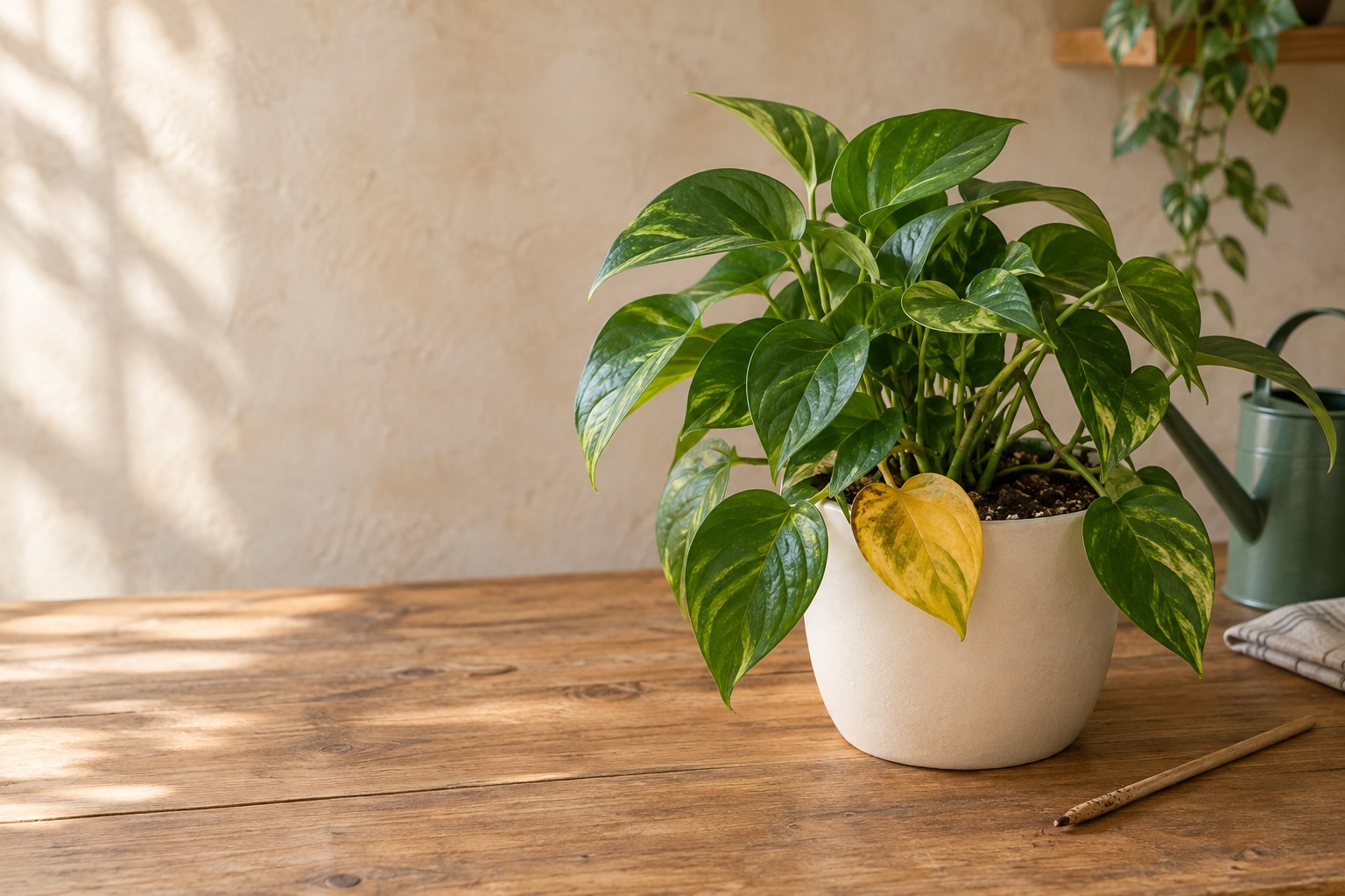 Pothos with one yellow lower leaf among green foliage, beside a watering can and soil-checking stick.