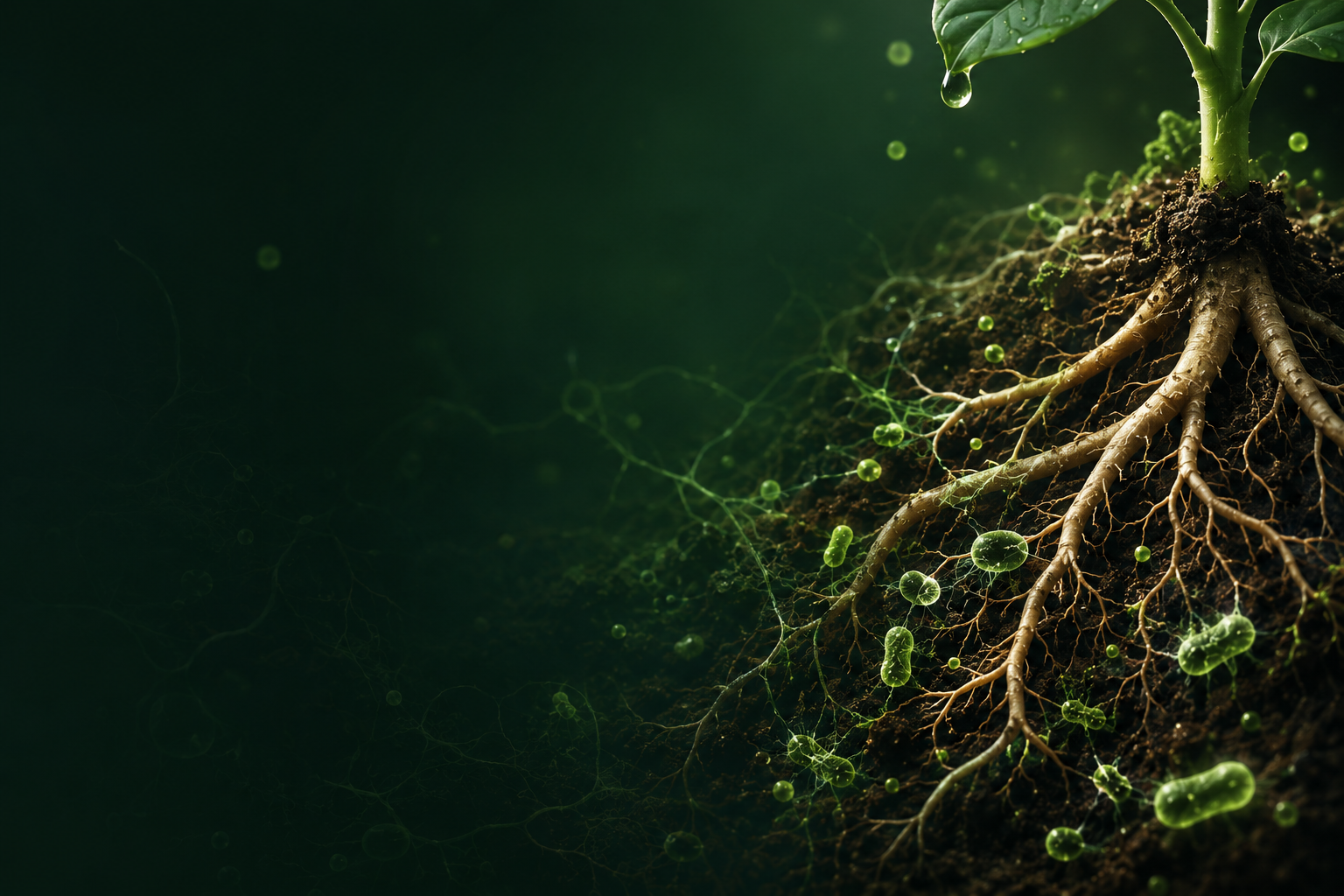Beneficial fungal activity surrounding healthy plant roots in soil