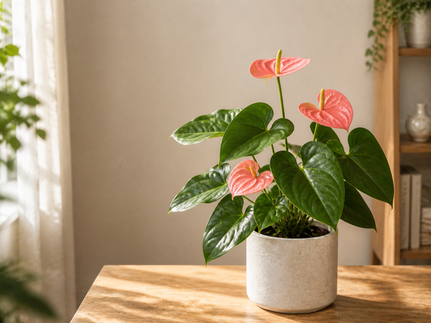 Healthy flowering anthurium in a bright home