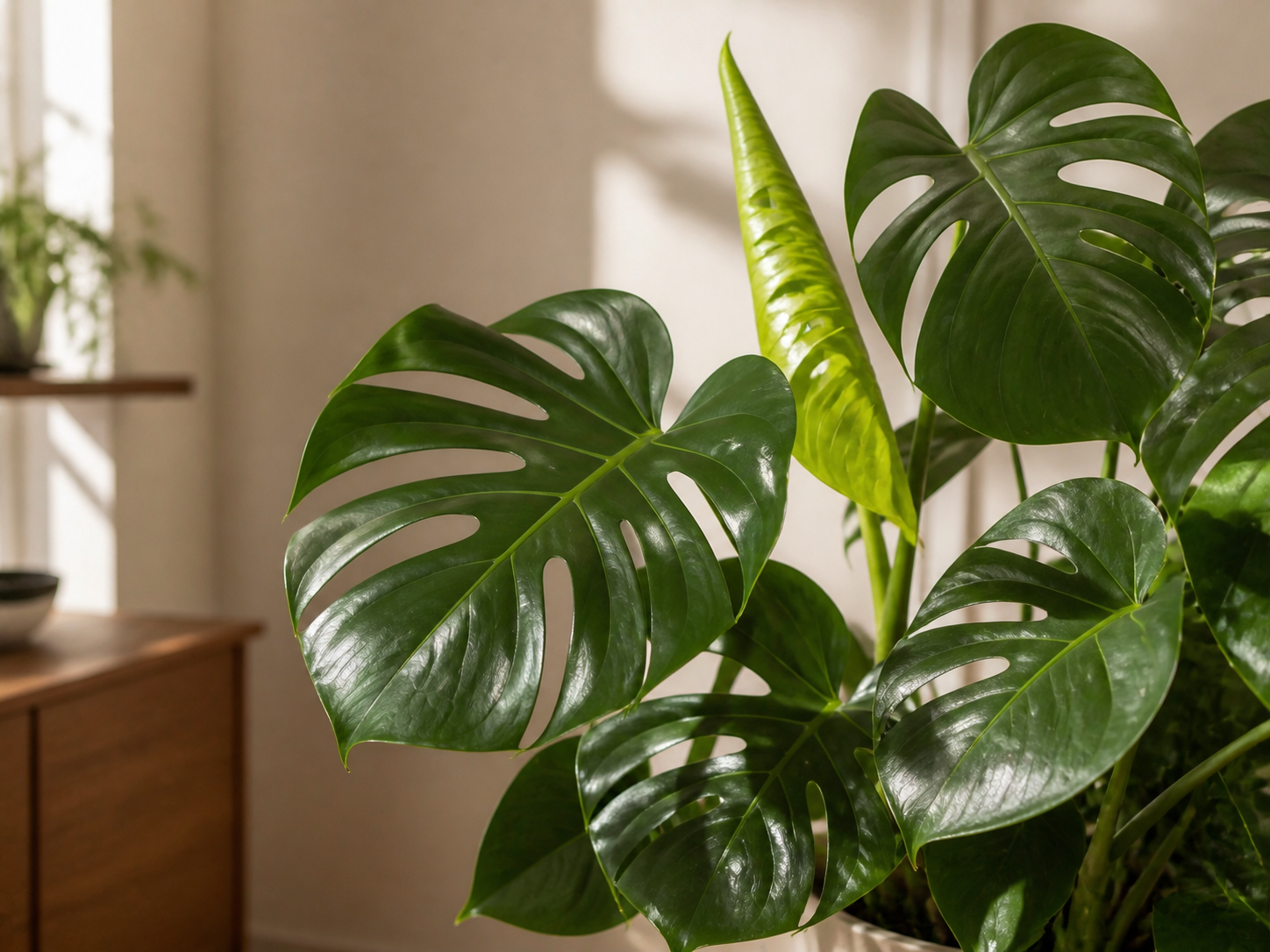 Glossy monstera leaves and a fresh unfurling leaf