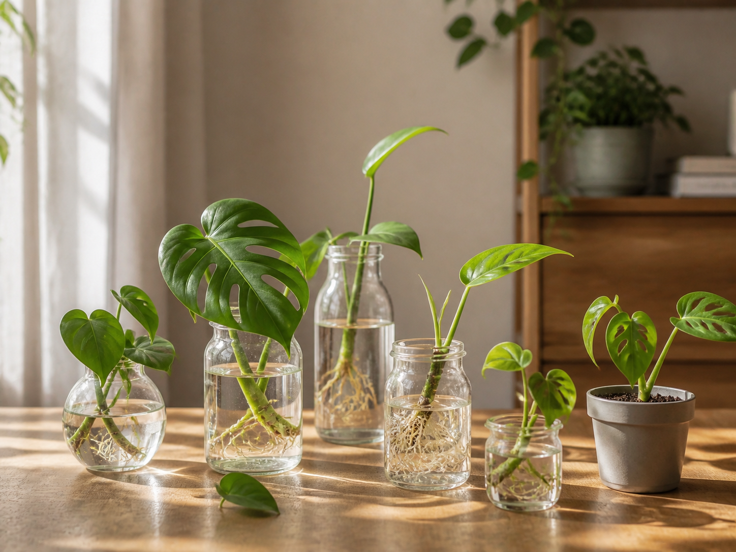 Healthy houseplant cuttings developing fresh roots