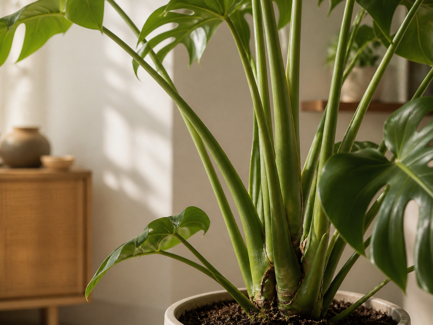 Healthy sturdy monstera stems in a warm home