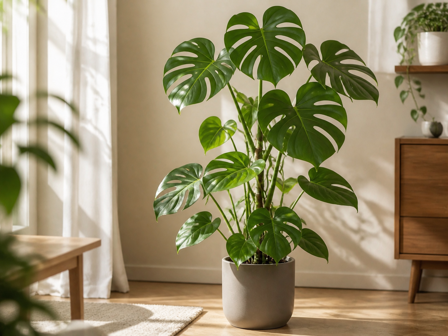 Healthy mature monstera thriving in a bright home