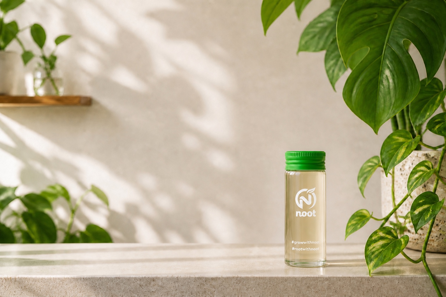 Compact straight-sided Noot vial with a flush green cap beside healthy plants