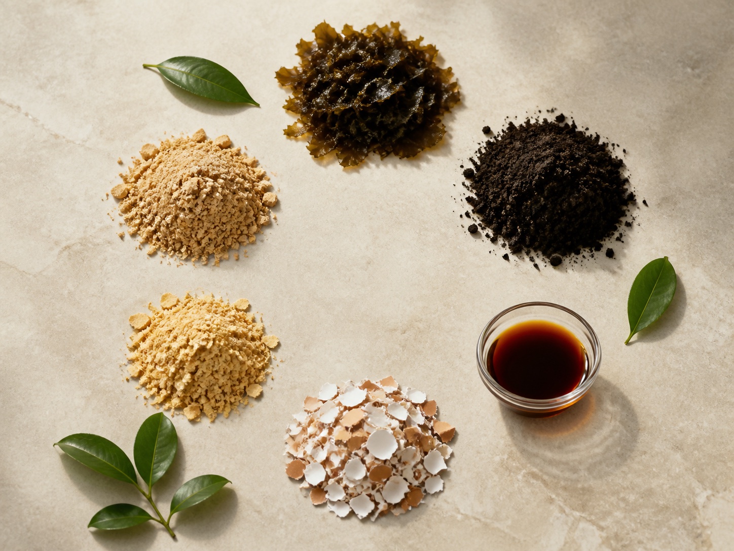 Seaweed, organic source materials, molasses, and eggshells arranged on stone