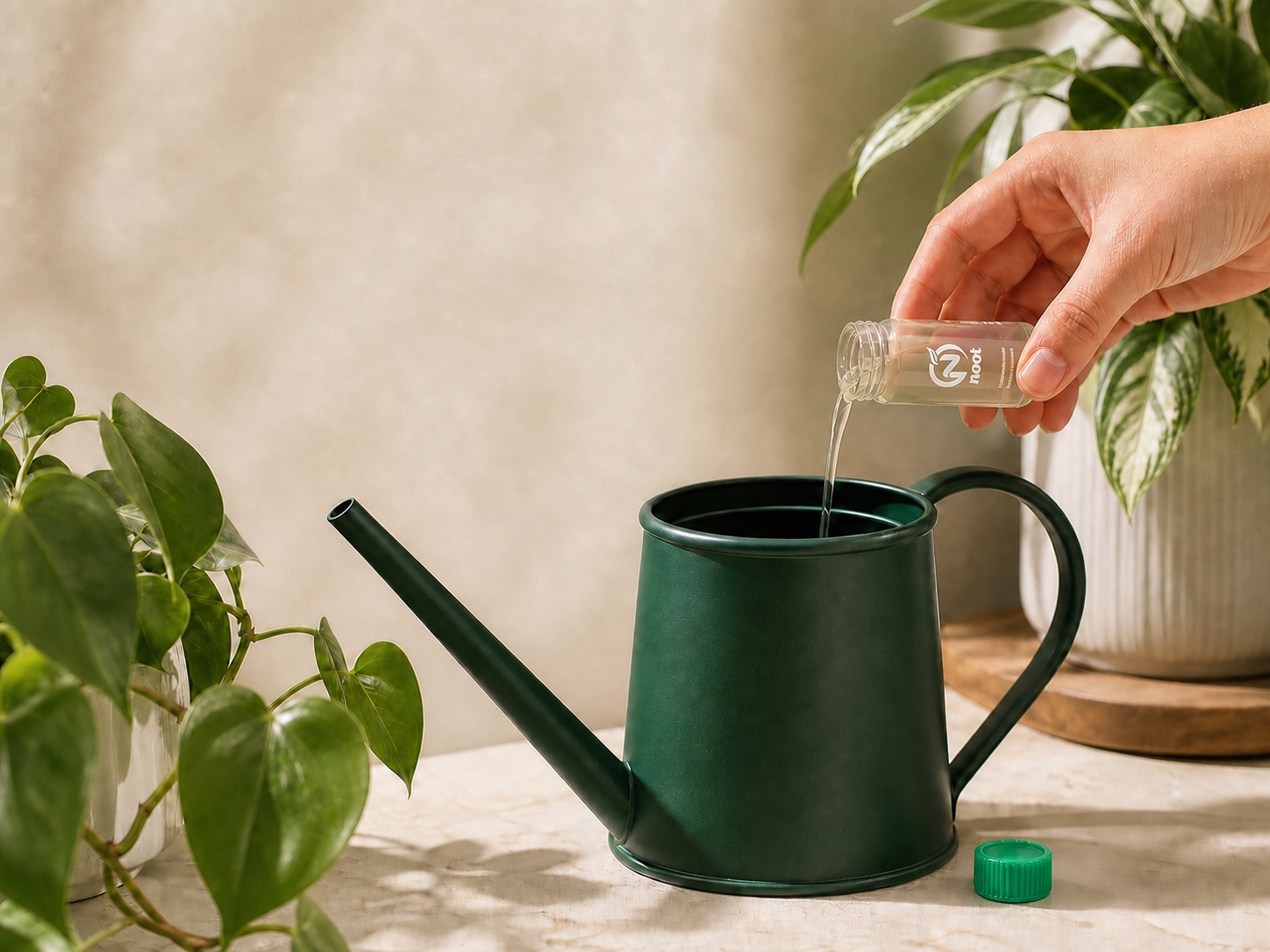 Pale-straw Noot plant food being poured from a straight-sided vial into a green watering can