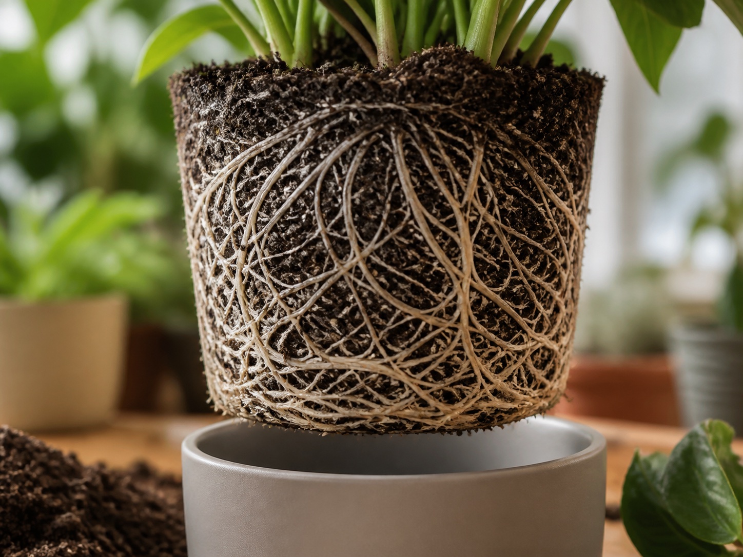 Healthy roots growing through aerated potting soil
